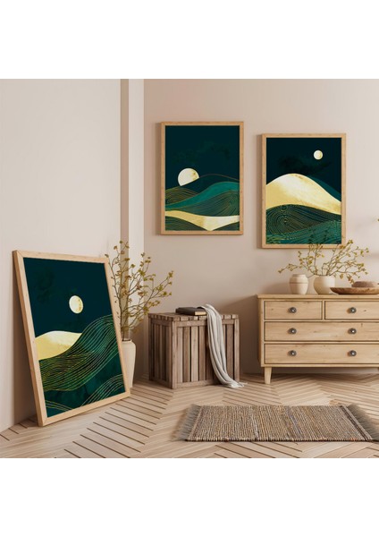 Ahşap Çerçeveli Gece Dağları Üçlü Ahşap Tablo Seti