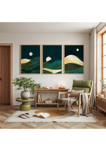 Ahşap Çerçeveli Gece Dağları Üçlü Ahşap Tablo Seti modelleri