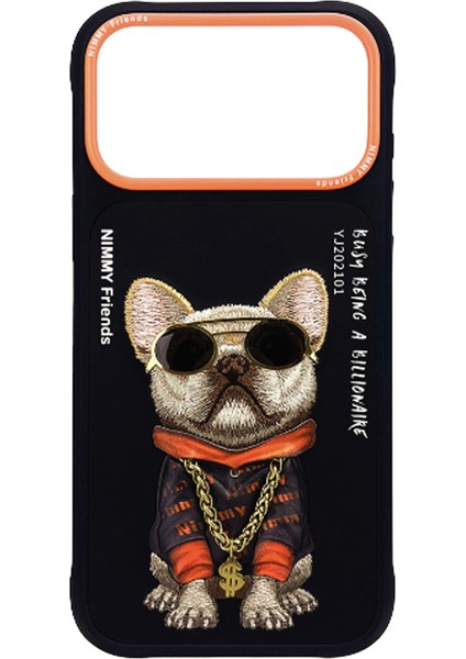 iPhone Pro 17 Uyumlu 3D Gözlük Zincir Köpek Detaylı Nakış Işlemeli Kabartmalı Cool Glasses Kılıf