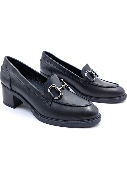 SV350 Hakiki Deri 5 cm Topuklu Siyah Kadın Klasik Loafer Ayakkabı