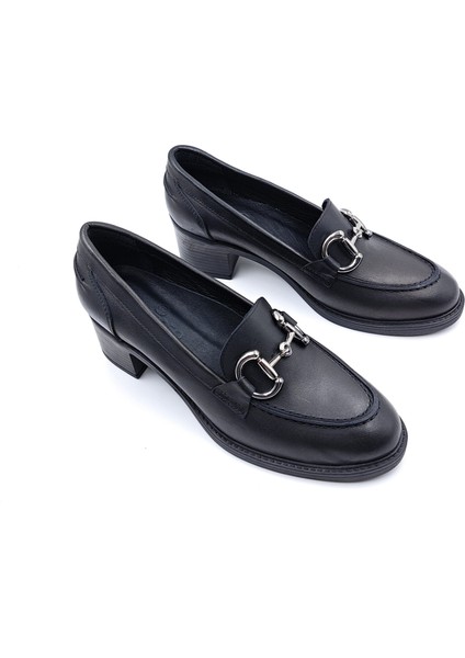 SV350 Hakiki Deri 5 cm Topuklu Siyah Kadın Klasik Loafer Ayakkabı modelleri