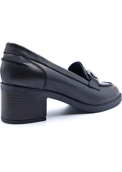 SV350 Hakiki Deri 5 cm Topuklu Siyah Kadın Klasik Loafer Ayakkabı indirimleri