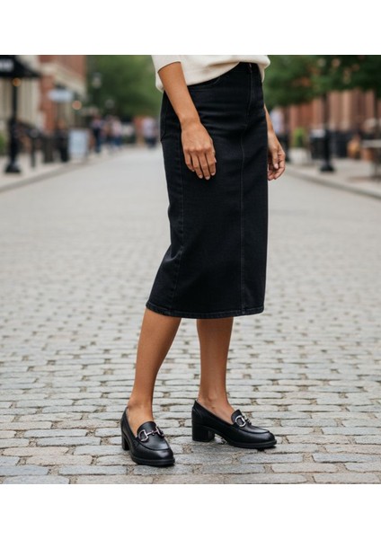 SV350 Hakiki Deri 5 cm Topuklu Siyah Kadın Klasik Loafer Ayakkabı