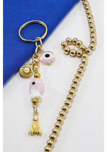 Pembe Renkli El Yapımı Cam Nazarlı Balık Incili Deniz Kabuğu Salkım Anahtarlık