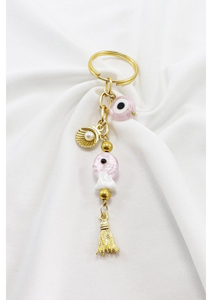 Pembe Renkli El Yapımı Cam Nazarlı Balık Incili Deniz Kabuğu Salkım Anahtarlık modelleri