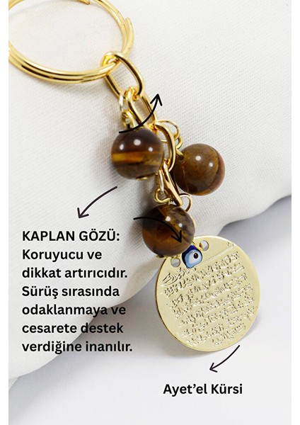 Doğal Taşlı Metal Ayetel Kürsi Dualı Anahtarlık, Kaplan Gözü Boncuklu Çanta Süsü