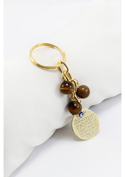 Doğal Taşlı Metal Ayetel Kürsi Dualı Anahtarlık, Kaplan Gözü Boncuklu Çanta Süsü fiyatları