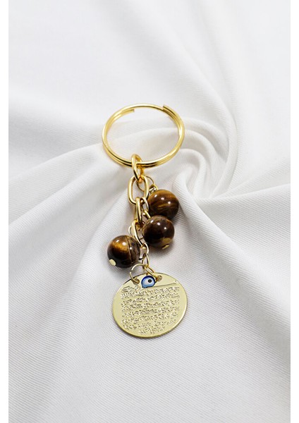 Doğal Taşlı Metal Ayetel Kürsi Dualı Anahtarlık, Kaplan Gözü Boncuklu Çanta Süsü modelleri