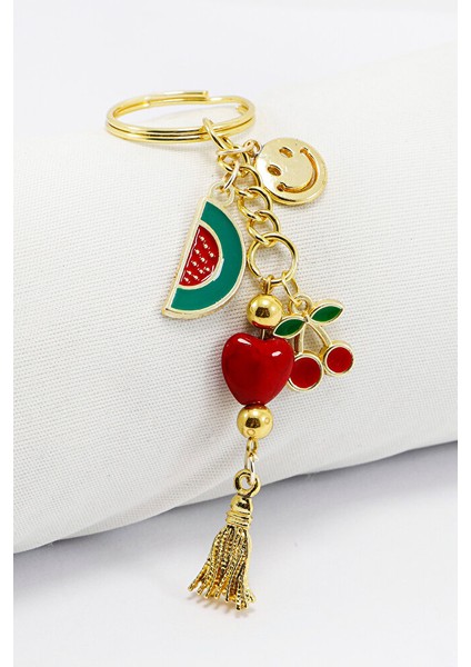 Sevimli Kalpli Kiraz Karpuz Detaylı Salkım Anahtarlık, Yeni Çanta Süsü
