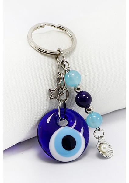 Gümüş Halkalı El Yapımı Cam Nazar Boncuklu Salkım Turkuaz Boncuklu Anahtarlık, Yeni Çanta Süsü