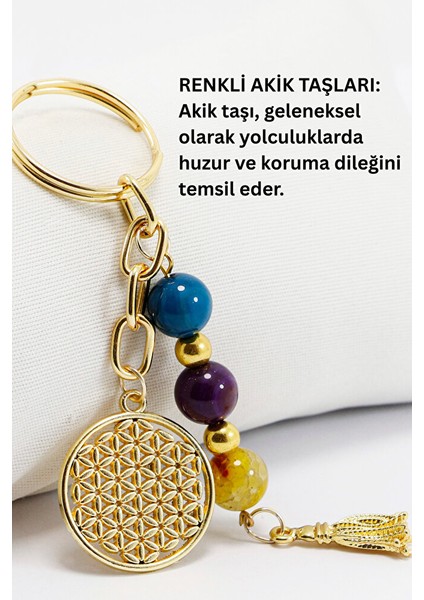 Doğal Taşlı Metal Yaşam Çiçeği Anahtarlık, Renkli Akik Taşlı Araba Hediyesi