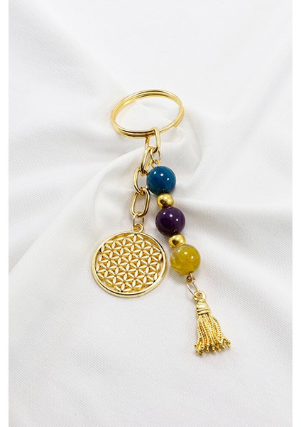 Doğal Taşlı Metal Yaşam Çiçeği Anahtarlık, Renkli Akik Taşlı Araba Hediyesi fiyatları