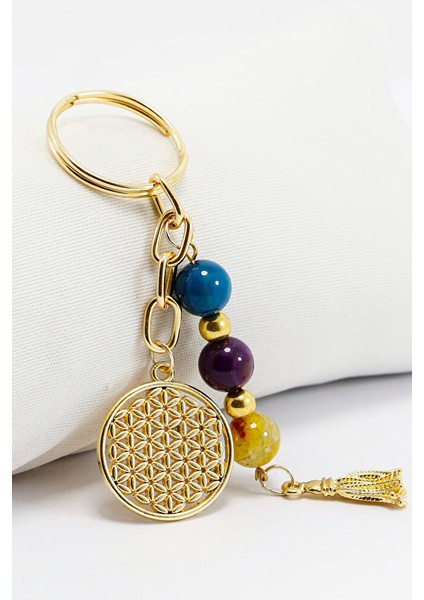 Doğal Taşlı Metal Yaşam Çiçeği Anahtarlık, Renkli Akik Taşlı Araba Hediyesi modelleri