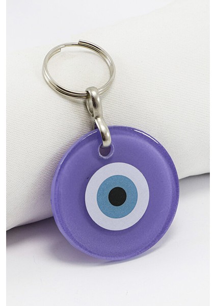 El Yapımı Yassı Cam Nazar Boncuklu Mor Cam Nazarlı Anahtarlık, Hediyelik Çanta Süsü