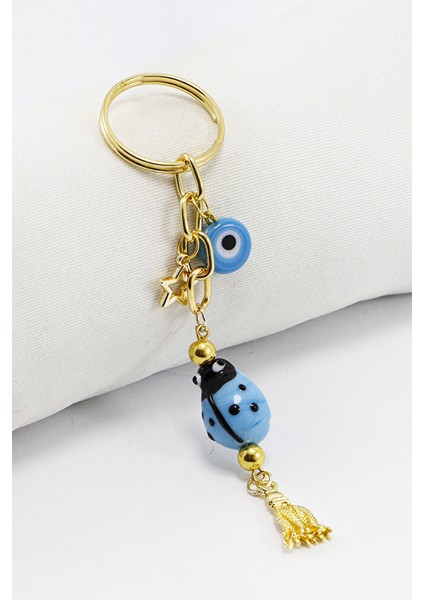 El Yapımı Mavi Cam Uğur Böcekli Yassı Nazar Boncuklu Salkım Anahtarlık, Hediyelik Çanta Süsü