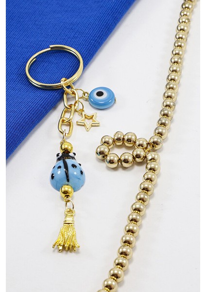 El Yapımı Mavi Cam Uğur Böcekli Yassı Nazar Boncuklu Salkım Anahtarlık, Hediyelik Çanta Süsü fiyatları