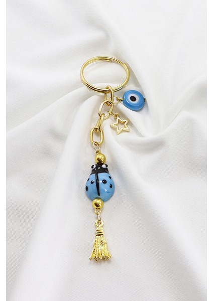 El Yapımı Mavi Cam Uğur Böcekli Yassı Nazar Boncuklu Salkım Anahtarlık, Hediyelik Çanta Süsü modelleri
