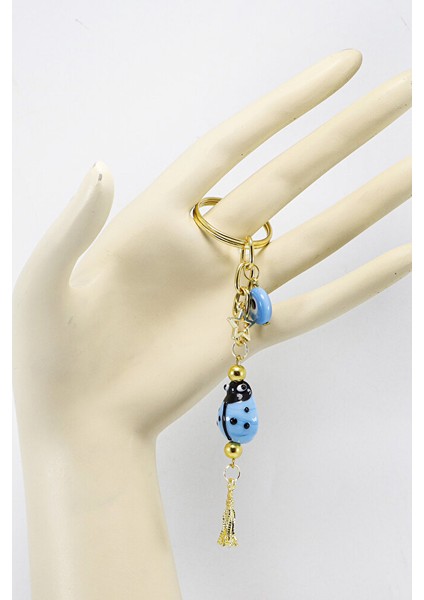 El Yapımı Mavi Cam Uğur Böcekli Yassı Nazar Boncuklu Salkım Anahtarlık, Hediyelik Çanta Süsü fırsatları