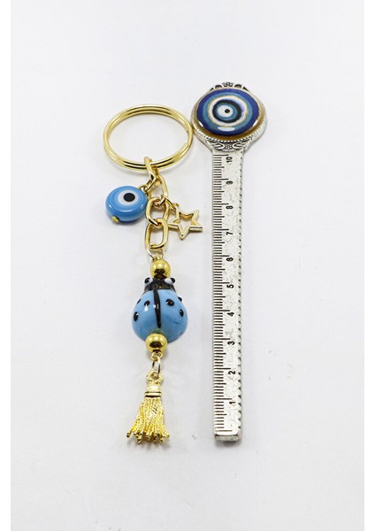 El Yapımı Mavi Cam Uğur Böcekli Yassı Nazar Boncuklu Salkım Anahtarlık, Hediyelik Çanta Süsü indirimleri