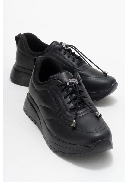 Kadın Dikişli Lastikli Spor Ayakkabı Siyah Siyah