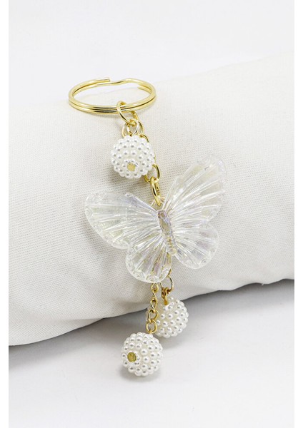 Gold Halkalı Salkım Incili Böğürtlen Şeffaf Kelebekli Anahtarlık, Hediyelik Şık Çanta Süsü