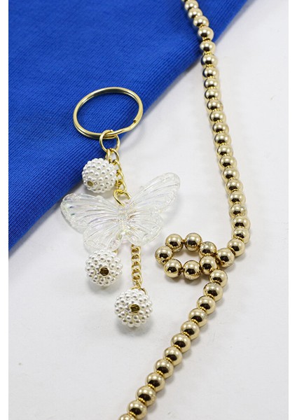 Gold Halkalı Salkım Incili Böğürtlen Şeffaf Kelebekli Anahtarlık, Hediyelik Şık Çanta Süsü fiyatları