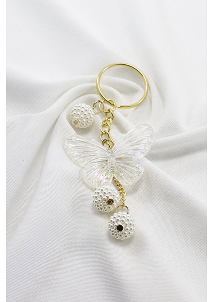 Gold Halkalı Salkım Incili Böğürtlen Şeffaf Kelebekli Anahtarlık, Hediyelik Şık Çanta Süsü fırsatları