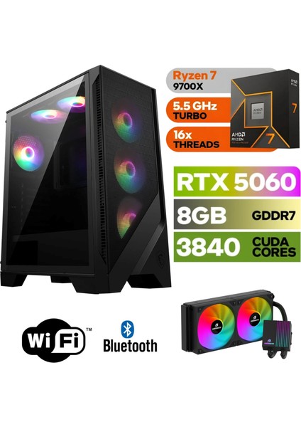 Şafak-Gaming Pc Ddr5-Rtx 5060 8gb -Ryzen 7 9700X – 64 GB Ddr5 Ram – 1 Tb M.2 SSD 5000 4000 – 240MM Sıvı Sogutma -Windows 11 Pro-