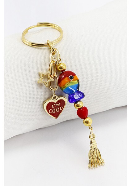 Renkli El Yapımı Cam Balıklı Kalpli Salkım Anahtarlık, Hediyelik Çanta Süsü