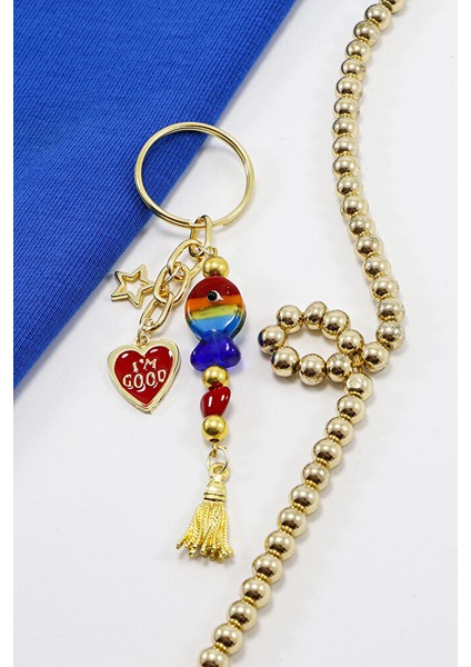 Renkli El Yapımı Cam Balıklı Kalpli Salkım Anahtarlık, Hediyelik Çanta Süsü fiyatları