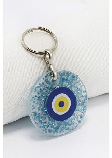 El Yapımı Kırıntılı Turkuaz Cam Nazar Boncuklu Anahtarlık, Hediyelik Çanta Süsü