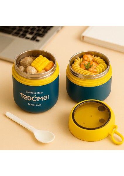 2 Katlı Lunch Box - Mavi - Paslanmaz Çelik - Kaşıklı - Yemek Taşıma Kabı - 710ML