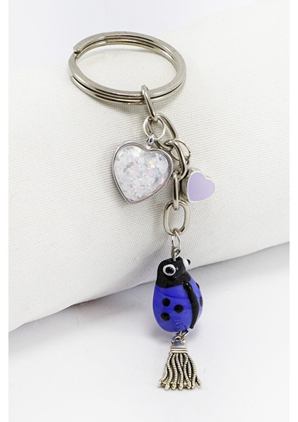 El Yapımı Mor Cam Uğur Böcekli Kalpli Salkım Anahtarlık, Hediyelik Çanta Süsü