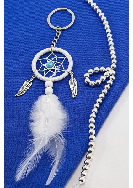 Beyaz Tüylü Düşkapanı Salkım Yapraklı Anahtarlık, Hediyelik Çanta Süsü