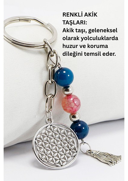 Doğal Taşlı Gümüş Renkli Metal Yaşam Çiçeği Anahtarlık, Renkli Akik Taşlı Araba Hediyesi