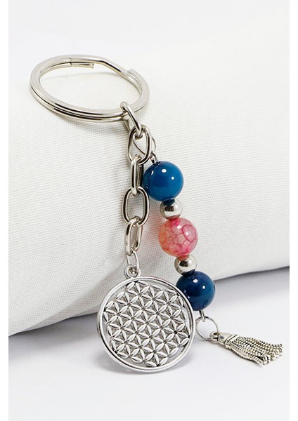 Doğal Taşlı Gümüş Renkli Metal Yaşam Çiçeği Anahtarlık, Renkli Akik Taşlı Araba Hediyesi fiyatları