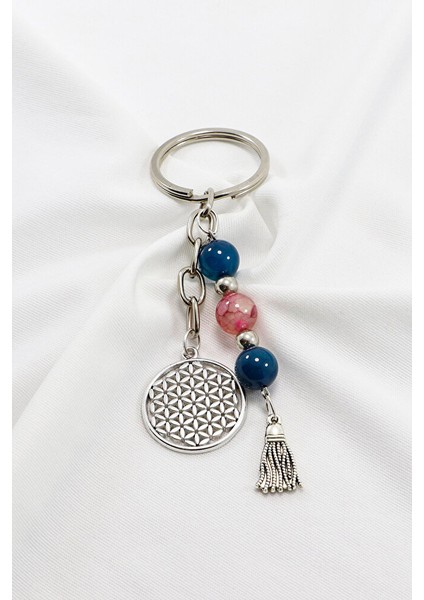 Doğal Taşlı Gümüş Renkli Metal Yaşam Çiçeği Anahtarlık, Renkli Akik Taşlı Araba Hediyesi modelleri