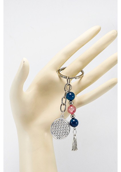 Doğal Taşlı Gümüş Renkli Metal Yaşam Çiçeği Anahtarlık, Renkli Akik Taşlı Araba Hediyesi fırsatları