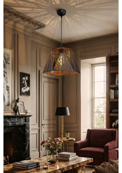 Forest Line Dots Desenli Lazer Kesim Metal Avize Modern Salon Oturma Odası Antre Avizesi