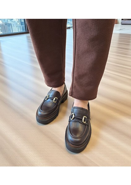 B260682 Hakiki Deri Kadın Kahverengi Loafer Ayakakbı