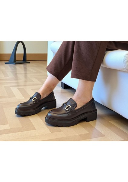 B260682 Hakiki Deri Kadın Kahverengi Loafer Ayakakbı