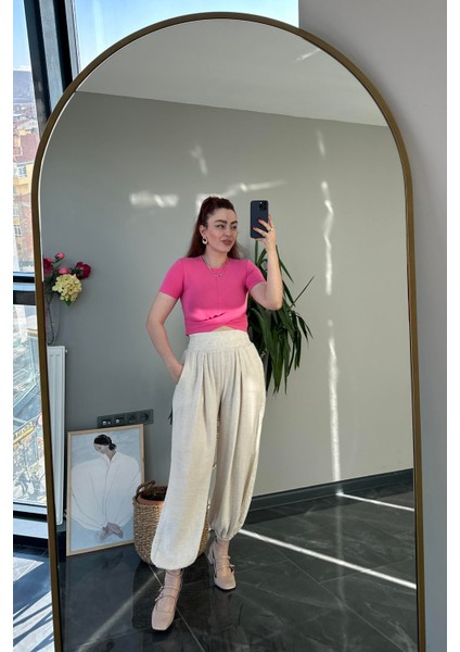 Beli ve Paçası Lastikli Yüksek Bel Taş Şalvar Kesim Pantolon modelleri