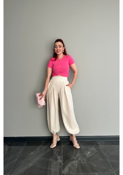 Beli ve Paçası Lastikli Yüksek Bel Taş Şalvar Kesim Pantolon indirimleri