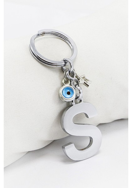 Çerçeveli Nazar Boncuklu Yıldızlı Gümüş Renkli Metal S Harfi Anahtarlık / Hediyelik Çanta Süsü