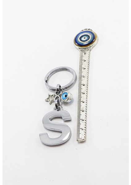 Çerçeveli Nazar Boncuklu Yıldızlı Gümüş Renkli Metal S Harfi Anahtarlık / Hediyelik Çanta Süsü indirimleri