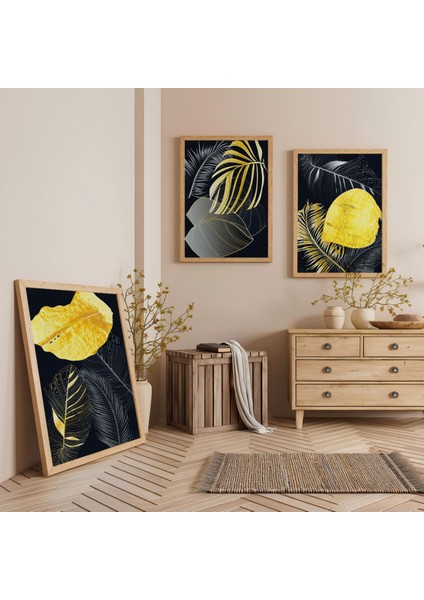 Ahşap Çerçeveli Geceye Düşen Yapraklar Üçlü Ahşap Tablo Seti