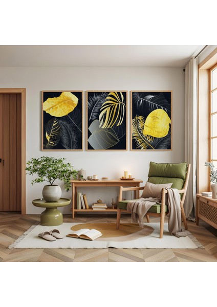 Ahşap Çerçeveli Geceye Düşen Yapraklar Üçlü Ahşap Tablo Seti modelleri