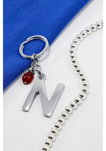 El Yapımı Kırmızı Cam Uğur Böcekli Gümüş Renkli Metal N Harfi Anahtarlık