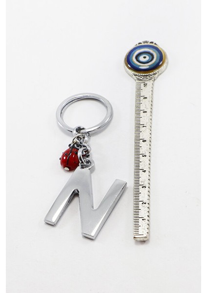El Yapımı Kırmızı Cam Uğur Böcekli Gümüş Renkli Metal N Harfi Anahtarlık indirimleri