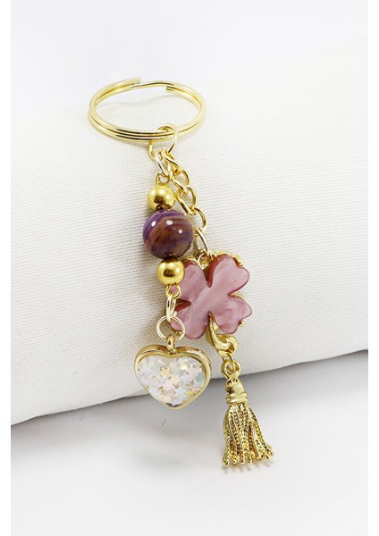 Gold Halkalı Pembe Yoncalı Parlak Kalpli Salkım Anahtarlık, Hediyelik Çanta Süsü